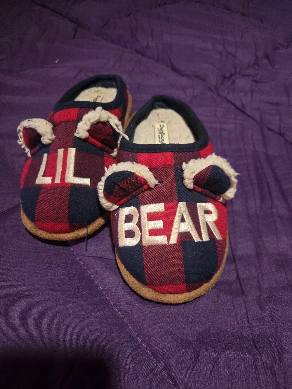 dearfoams Kids Red & Navy Plaid 'Lil Bear' Slippers